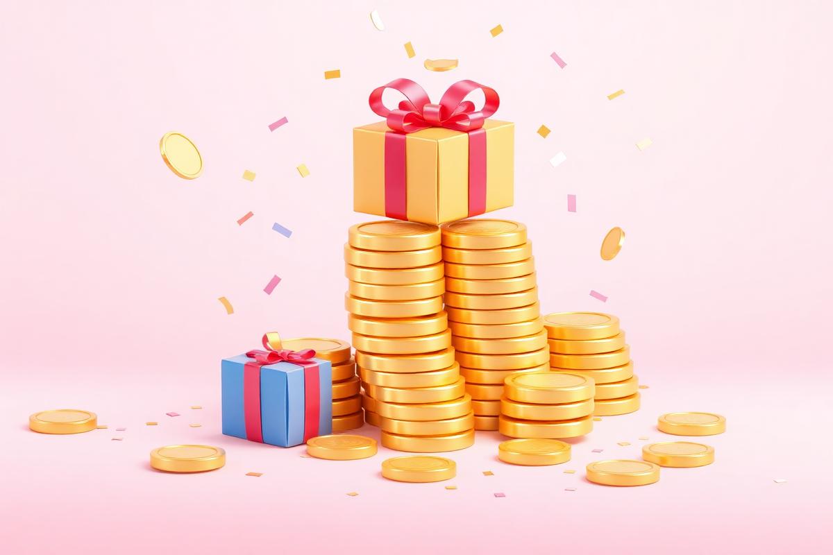 Pila de monedas doradas y regalos representando bonos de casino online sin licencia