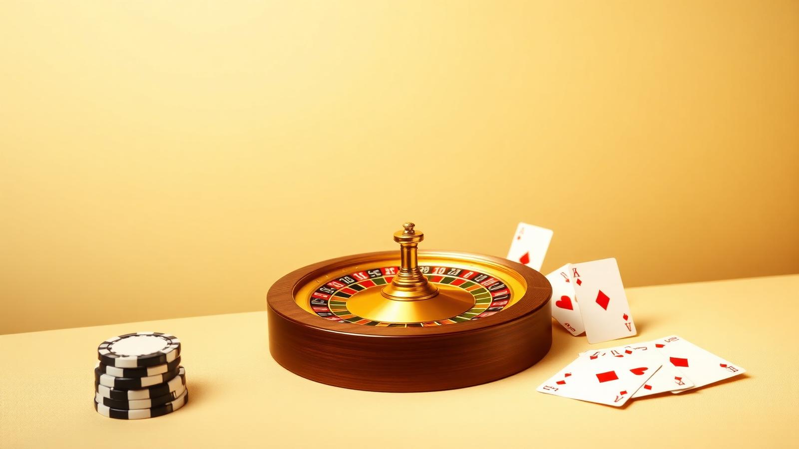 Ruleta dorada y cartas sobre fondo crema representando un casino sin licencia